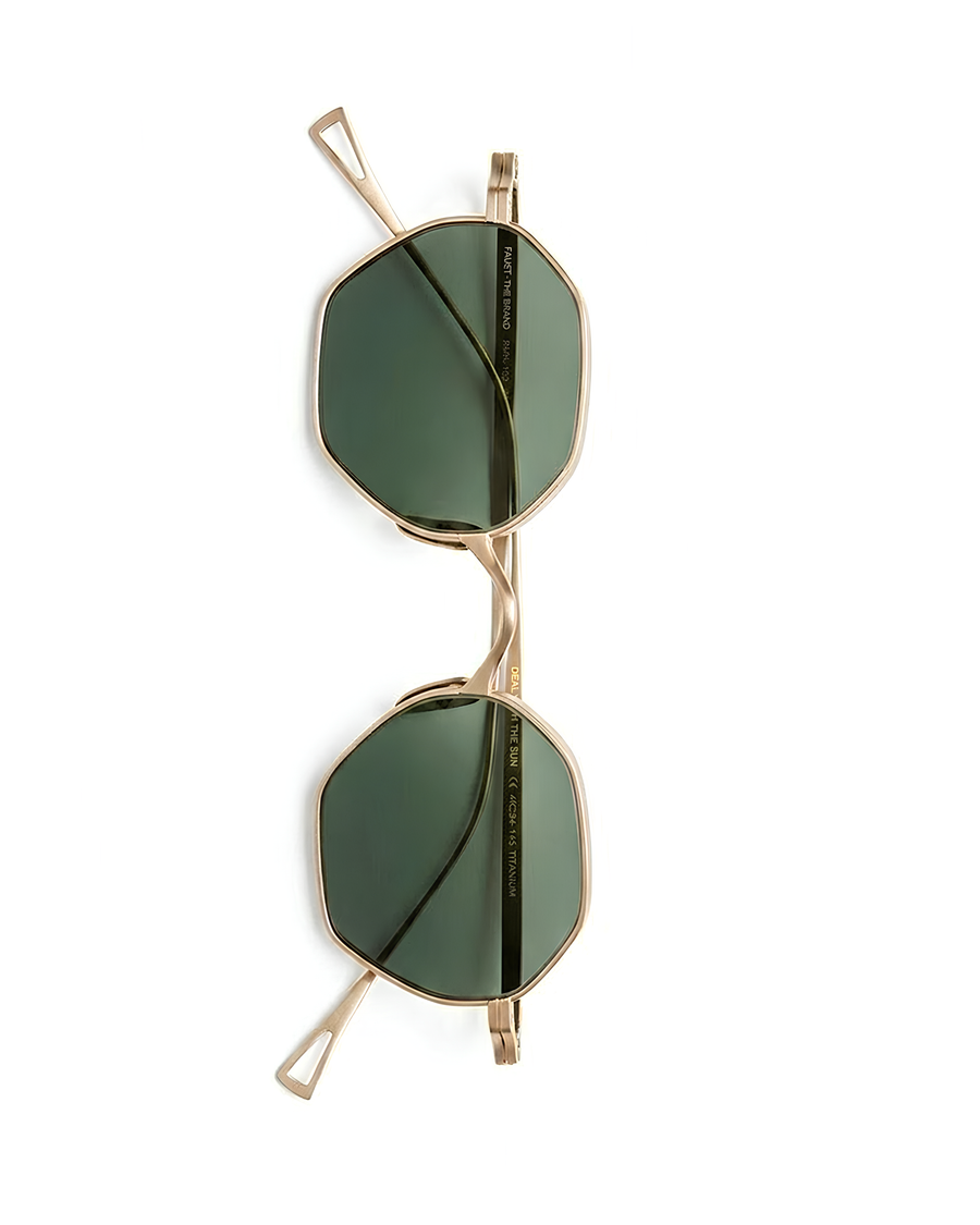 Faust 01 Viridis hexagonal warm gold titanium sunglasses with deep green lenses